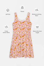The Adorable Corgi Summer Dress by Dogloverclothing.com is a pink, sleeveless skater dress with an orange fox and floral print. It features UPF 50+ protection, moisture-wicking fabric, a 4-way stretch design, and flares above the knee to highlight Corgi cuteness perfectly.