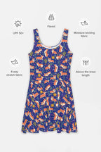 The Cute Corgi Garden Party Skater Dress by Dogloverclothing.com is sleeveless with a flared cut and a playful corgi and floral pattern on a dark backdrop. This above-the-knee dress features UPF 50+, moisture-wicking, and 4-way stretch fabric for stylish comfort on any occasion.