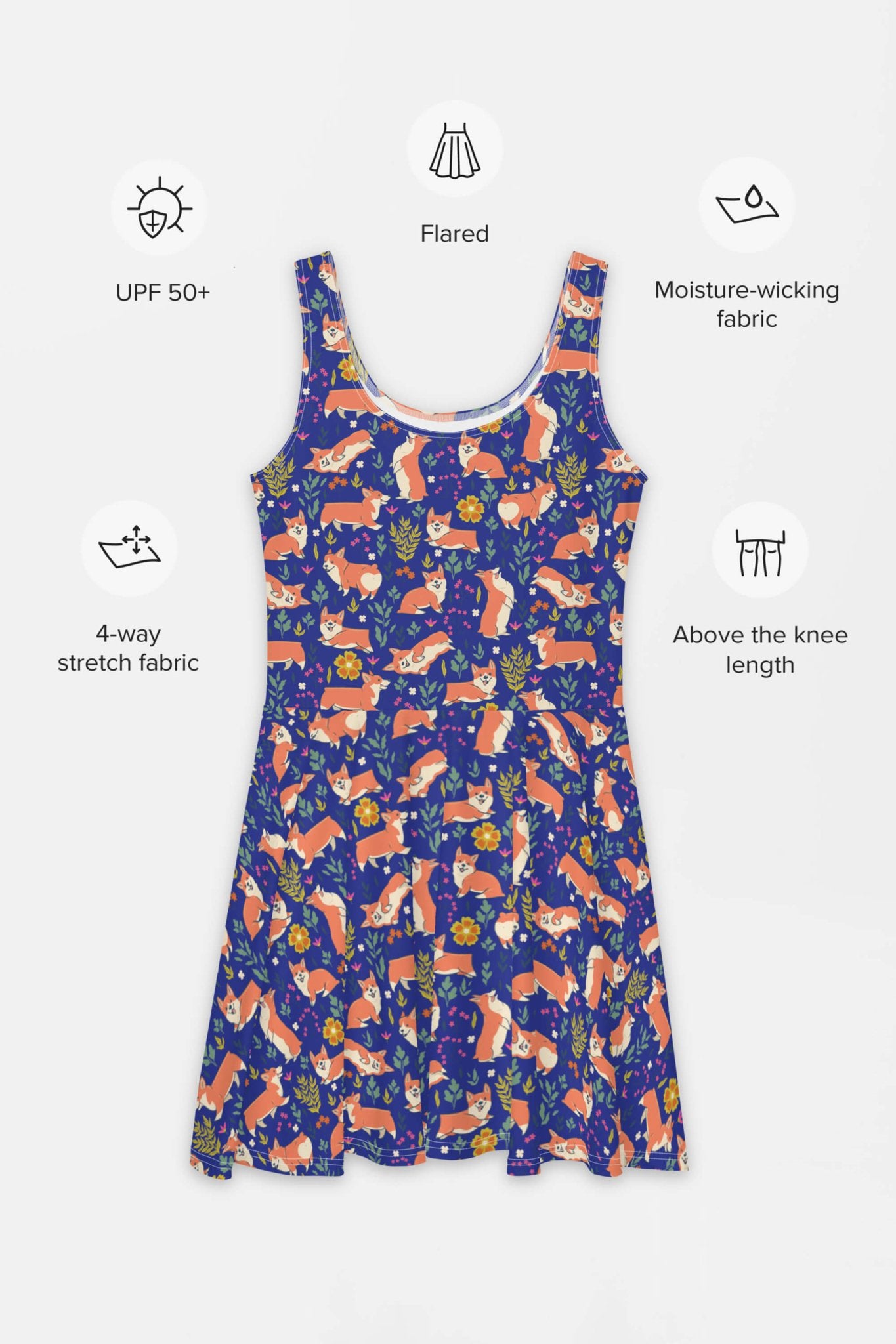 The Cute Corgi Garden Party Skater Dress by Dogloverclothing.com is sleeveless with a flared cut and a playful corgi and floral pattern on a dark backdrop. This above-the-knee dress features UPF 50+, moisture-wicking, and 4-way stretch fabric for stylish comfort on any occasion.