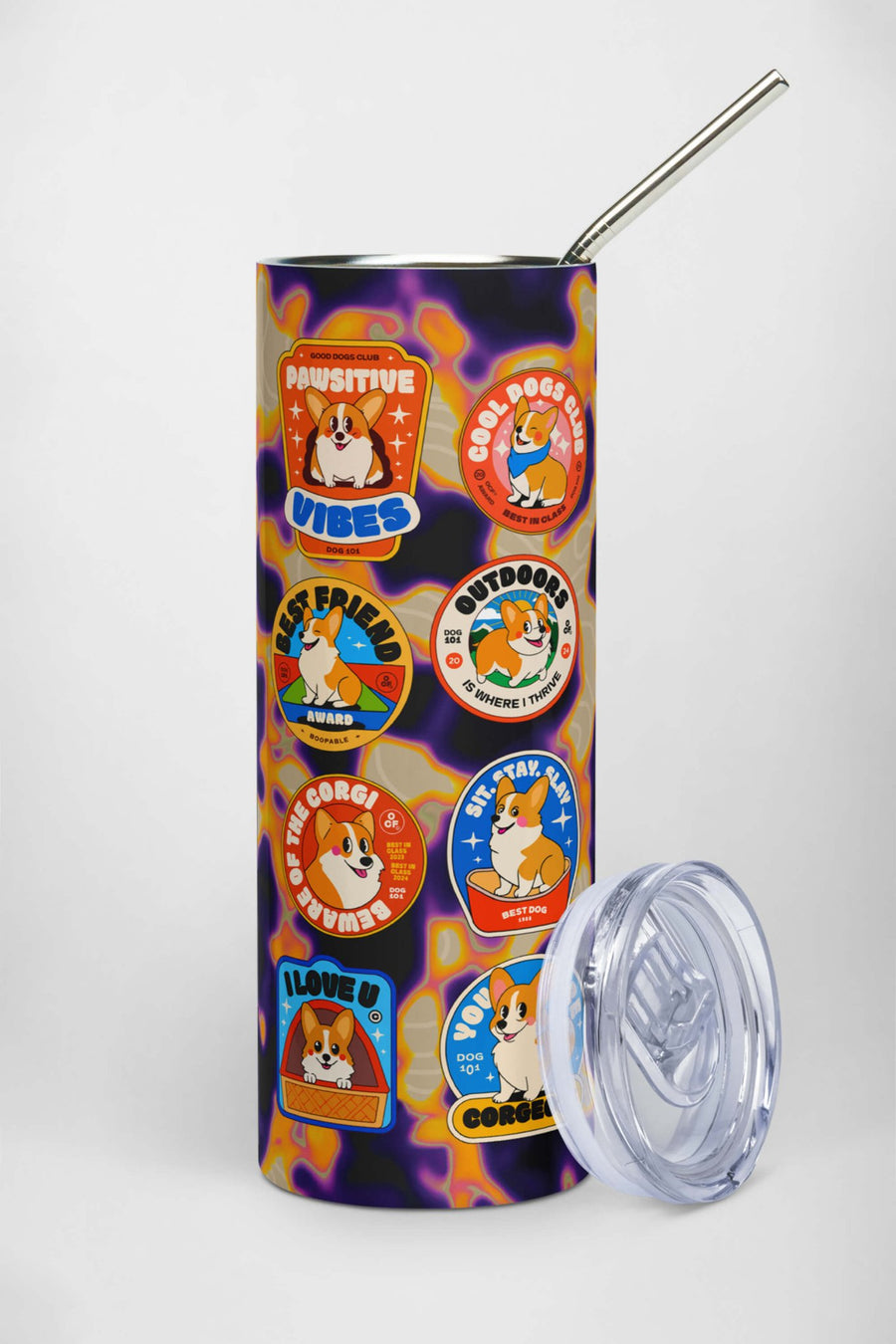 Corgi Fan Club steel tumbler from WOOF, back view on a plain background