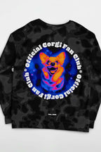 The Official Corgi Fan Club© Elite Camo Sweatshirt by Dogloverclothing.com is an eco-friendly black camo top with a vibrant corgi illustration, Official Corgi Fan Club in white, and Est. 1988 at the bottom. Made from recycled materials.
