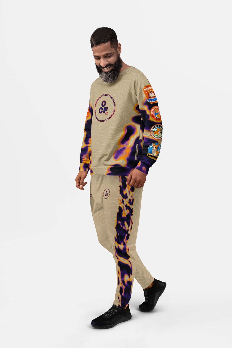 Side view of the Official Corgi Fan Club Joggers from WOOF showing the stripe detail