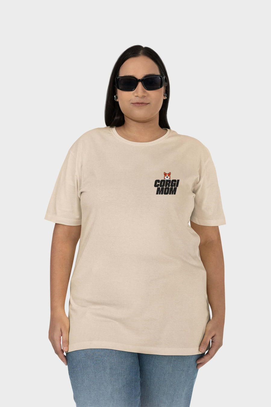 Soft cream Corgi Mom Premium T-Shirt from WOOF, front view with the corgi mom print