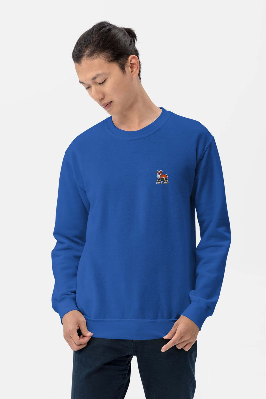 Royal blue Rainbow Bridge Corgi Sweatshirt from WOOF, front view