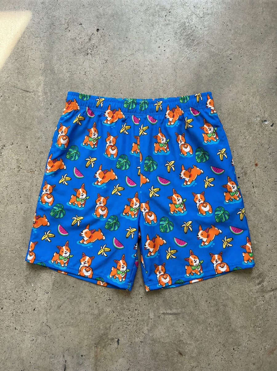 Back view of the Tropical Corgi Beach Party swim shorts from WOOF