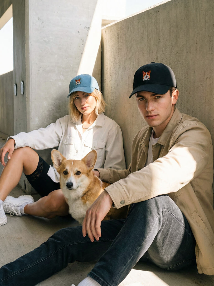 Iconic Corgi Denim Caps from WOOF shown together in several washes