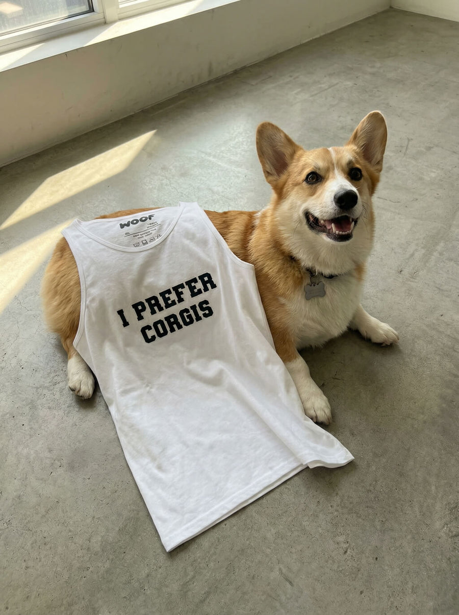 Front of the I Prefer Corgis Tank Top from WOOF on a plain background