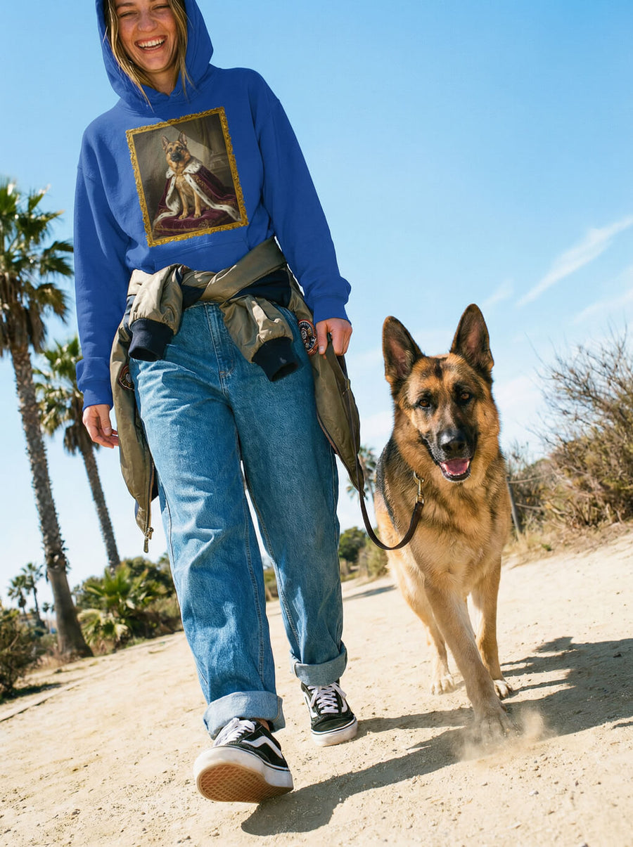 Custom royal dog portrait hoodie from WOOF in blue, portrait example