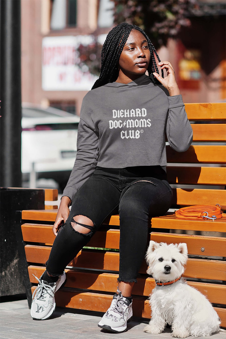 Model wearing the storm grey Diehard Dog Moms Club Crop Hoodie from WOOF