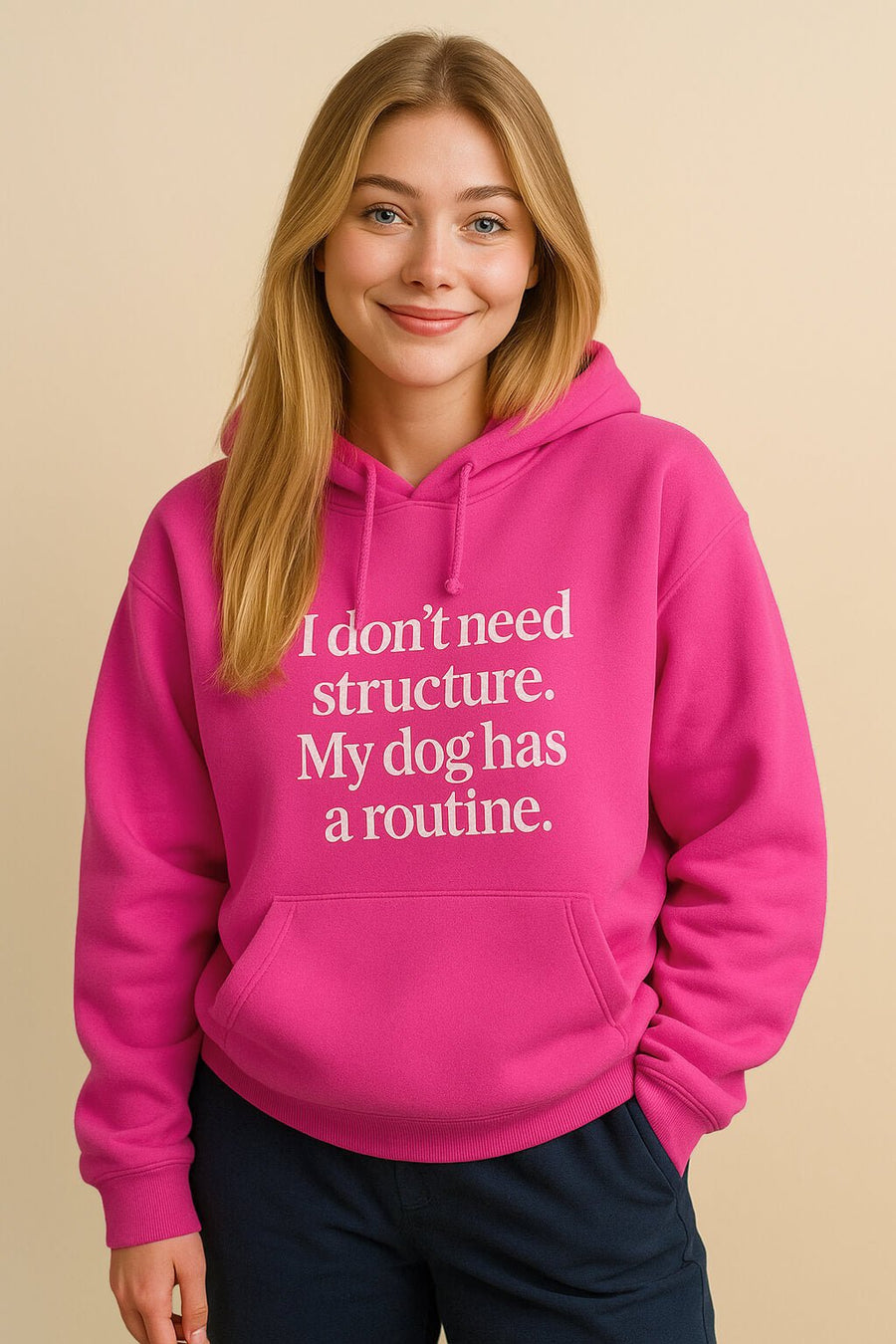 Pink No Structure dog hoodie from WOOF, front view