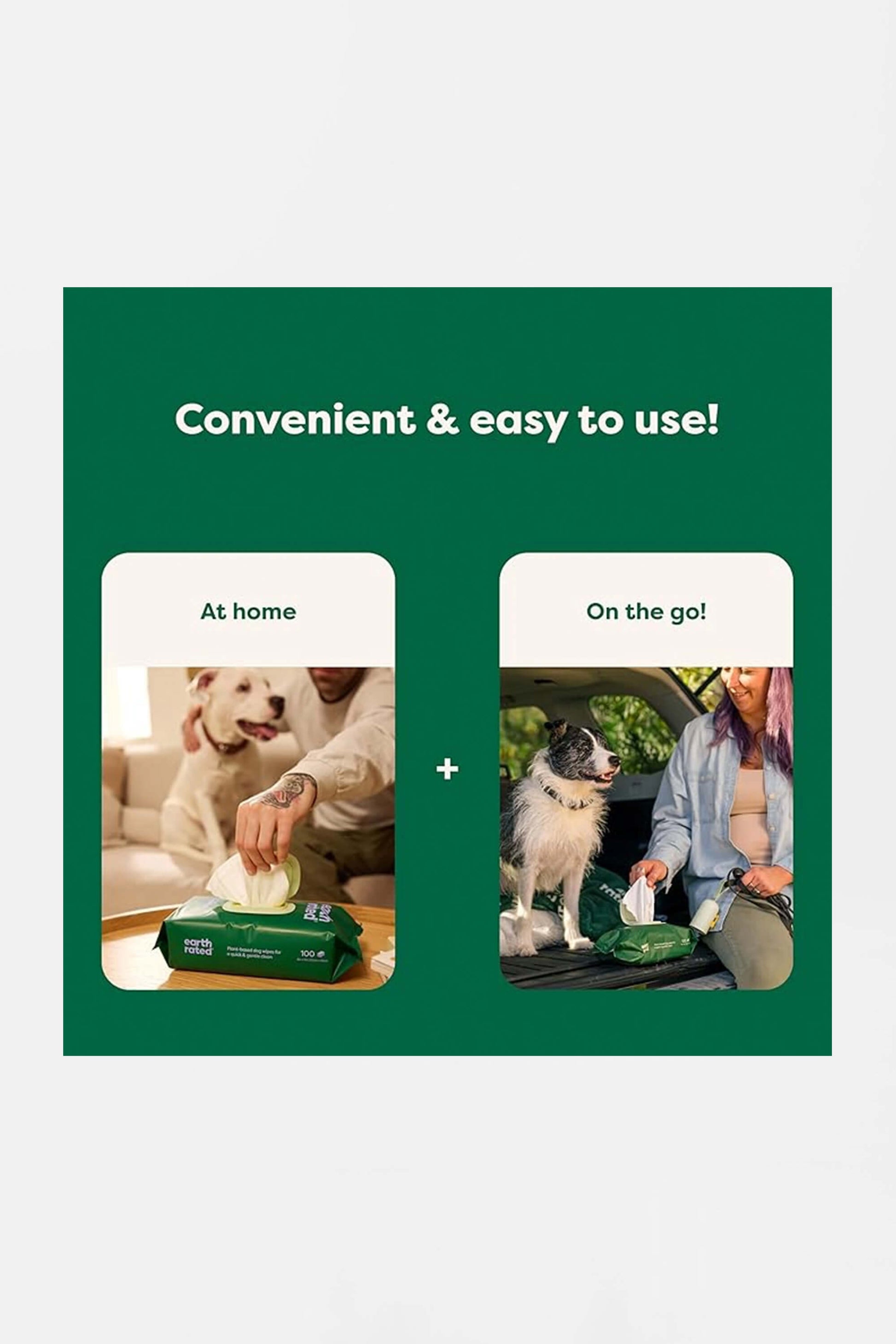 Two images feature Convenient & easy to use! on a green background. Left: Someone uses Amazon Hypoallergenic Earth Rated Pet Wipes, 100 Count with two dogs at home. Right: A person wipes their dogs paws outdoors. Text above images: “At home” and “On the go!”.