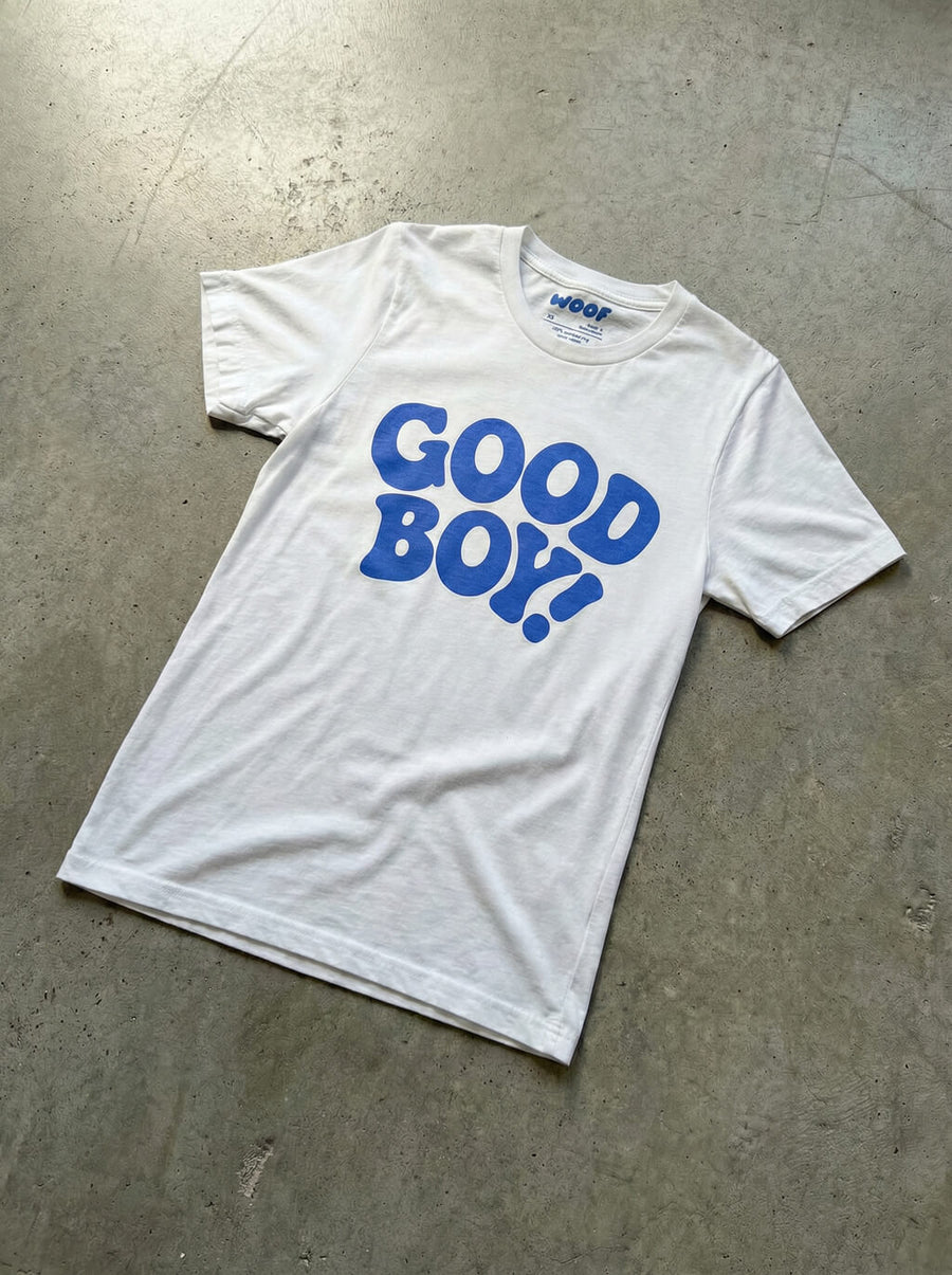 White Good Boy Dog T-Shirt from WOOF, front view