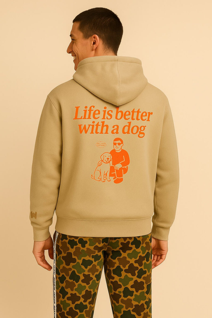 Back of the beige Life is Better with a Dog Hoodie from WOOF