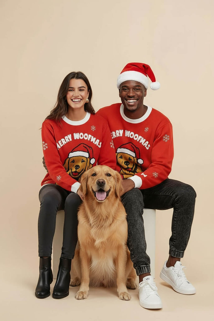 Golden Retriever Christmas sweater from WOOF worn straight on