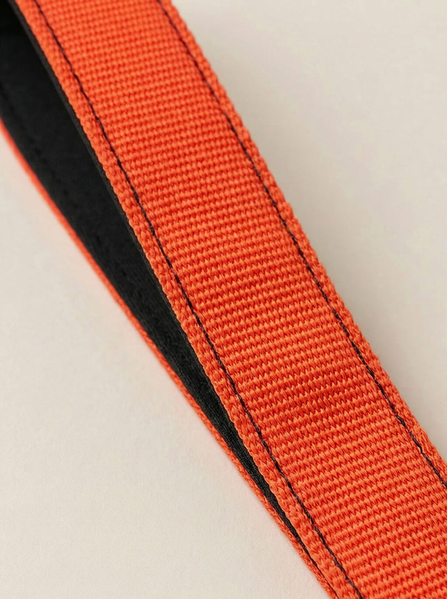 Webbing texture on the neon orange dog collar and leash from WOOF