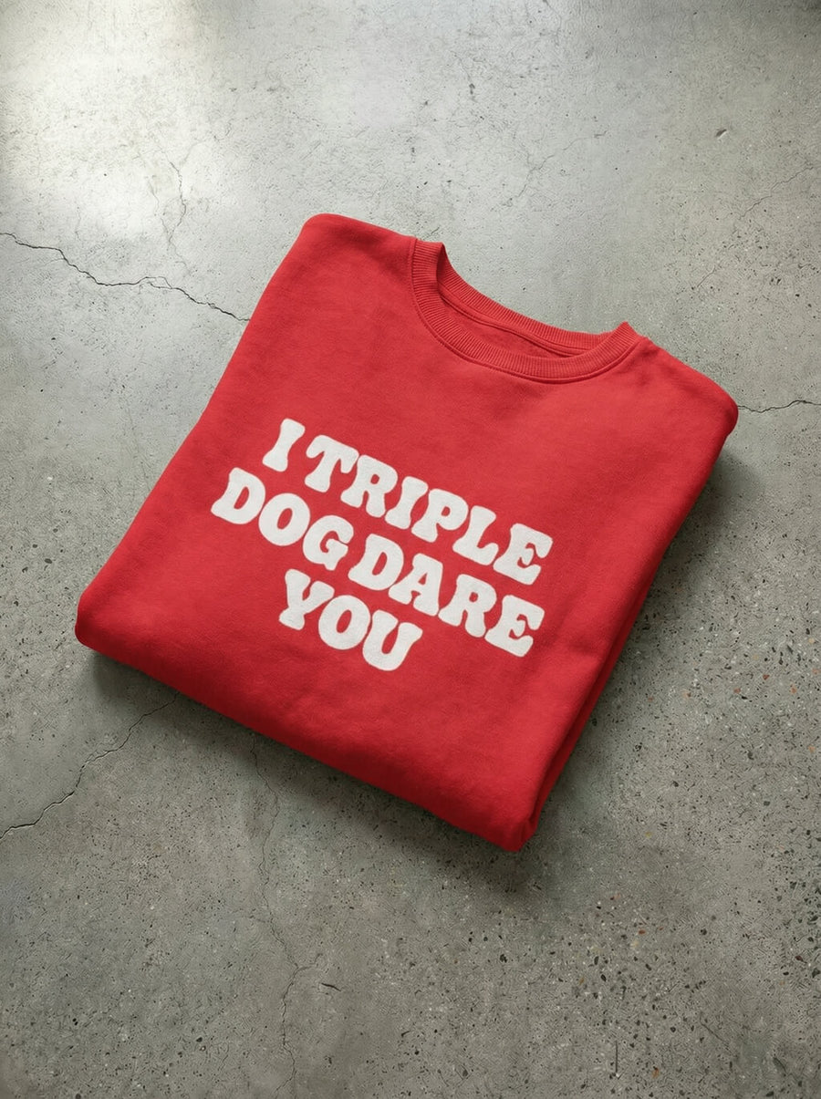 I Triple Dog Dare You Sweatshirt from WOOF folded, showing the print