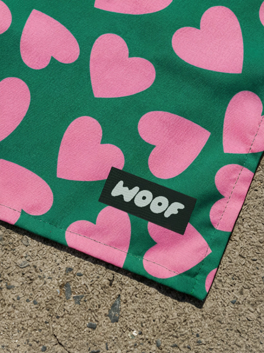 Close up of the heart print on the Valentines dog bandana from WOOF
