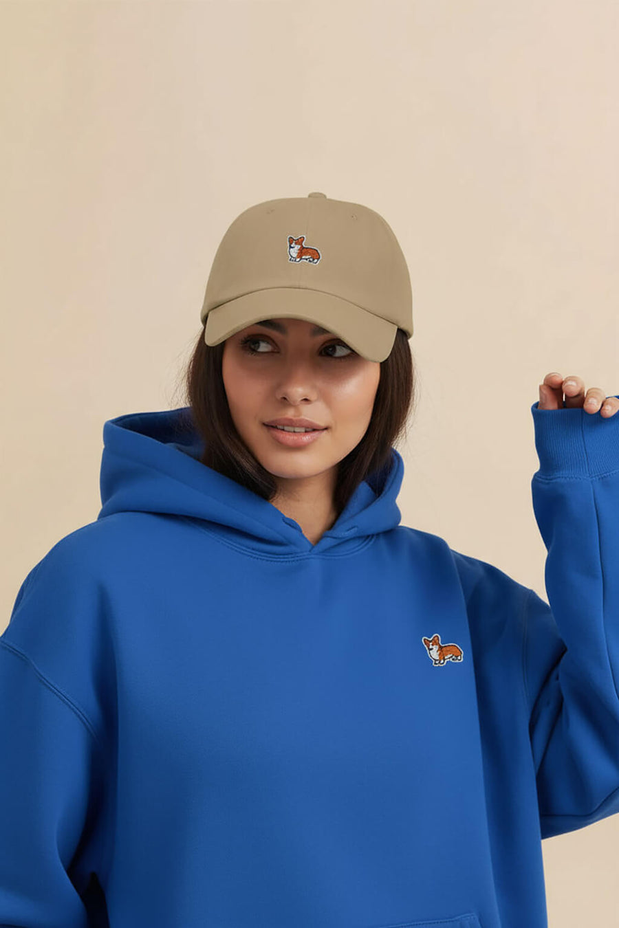 Iconic Corgi Baseball Cap from WOOF in beige, front view