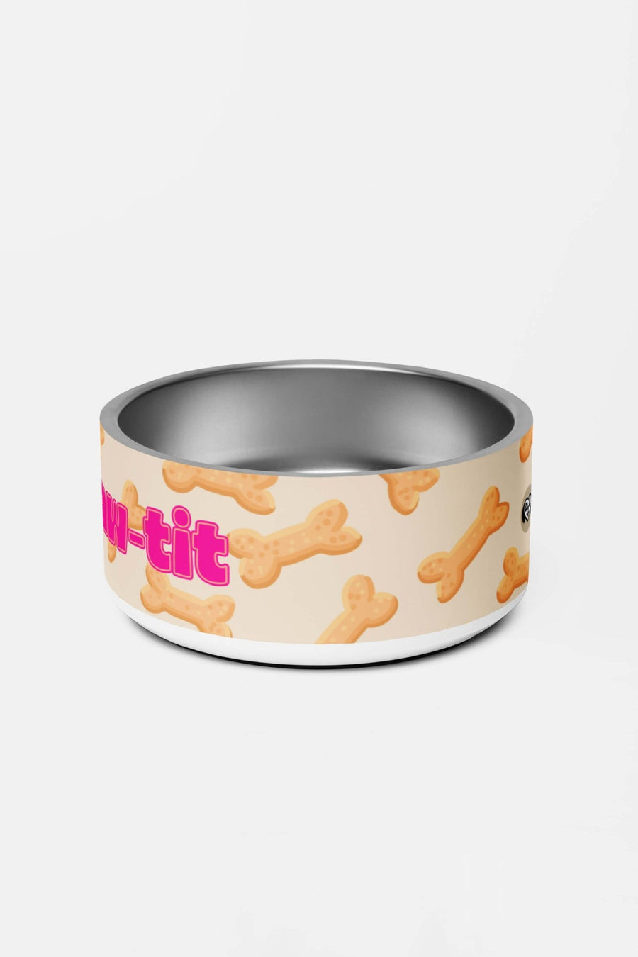 Bon a paw tit dog bowl from WOOF, angled view of the ceramic finish