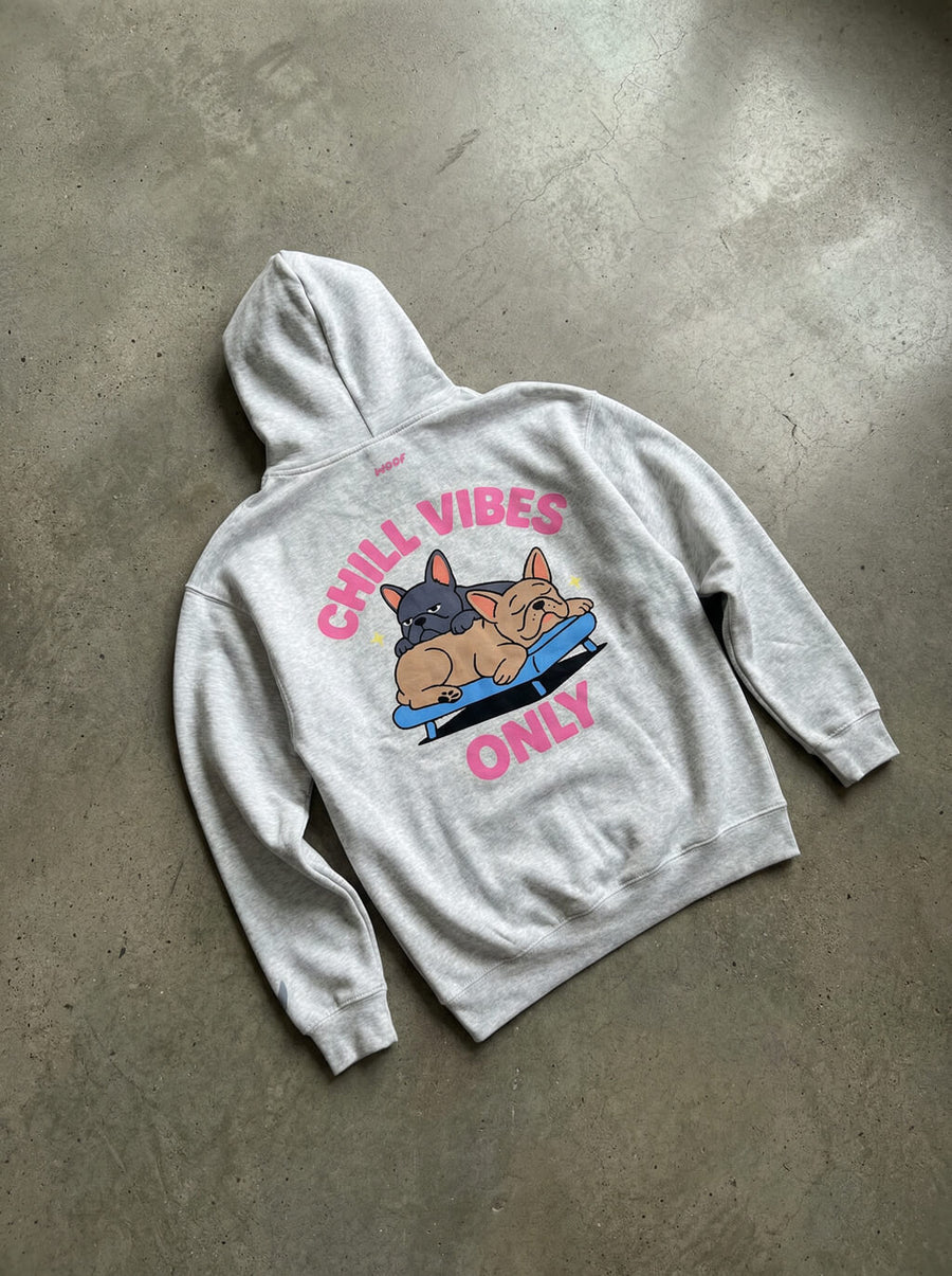 Back of the heather grey Chill Vibes Only French Bulldog Hoodie from WOOF