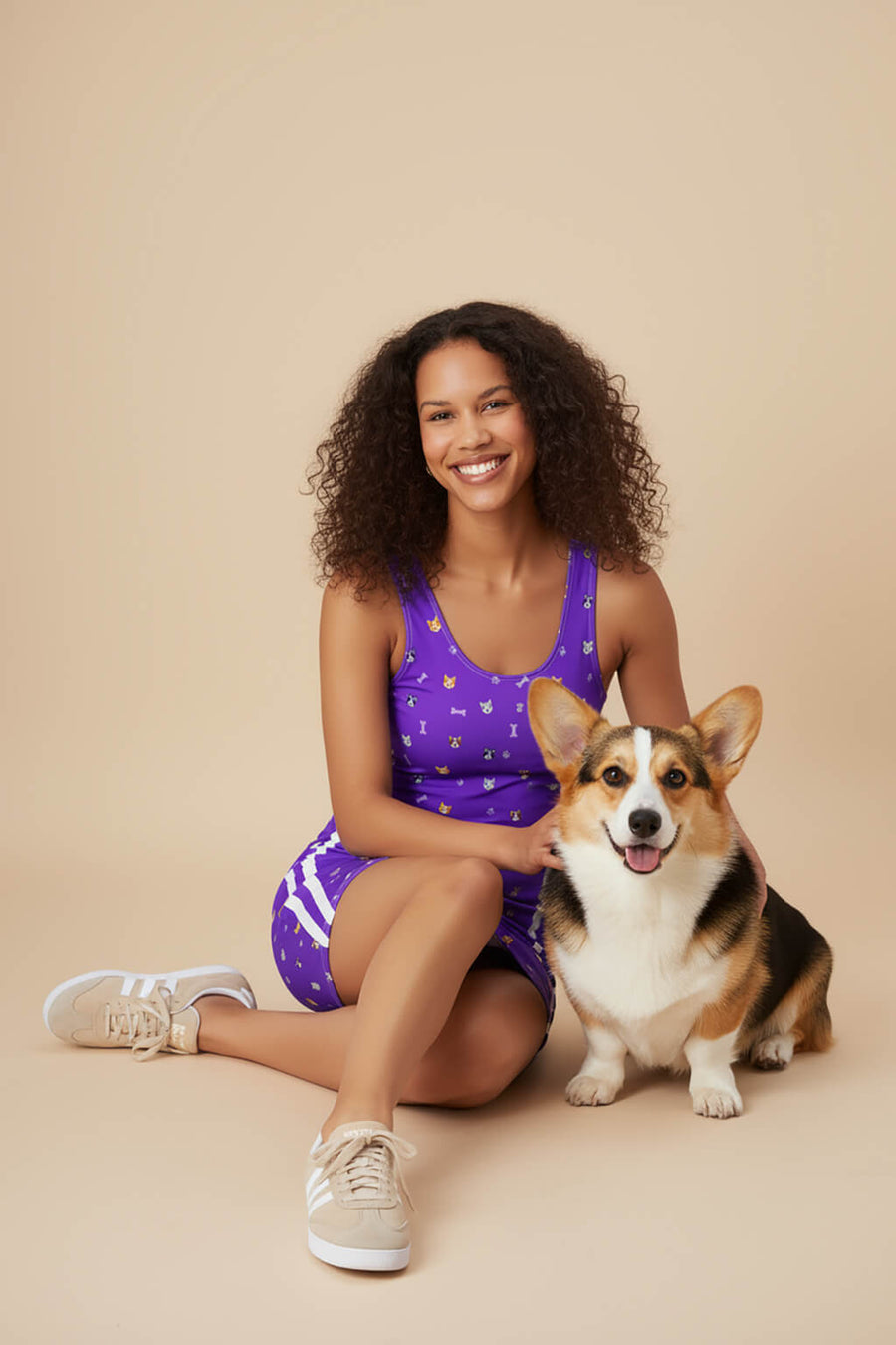 Full length front view of the Violet Corgi Vibes Bodycon Dress from WOOF