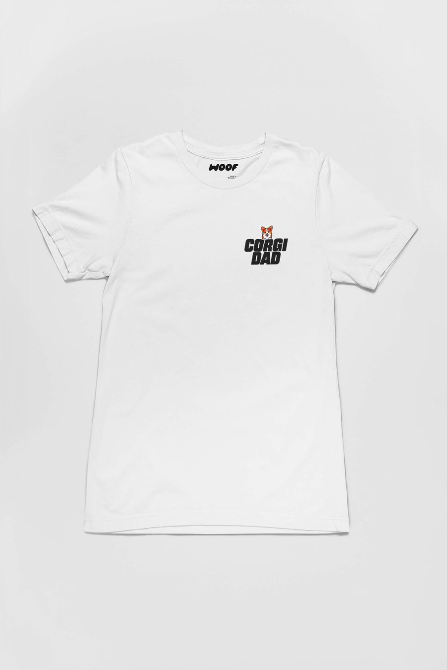 White Corgi Dad T-Shirt from WOOF, front view of the print