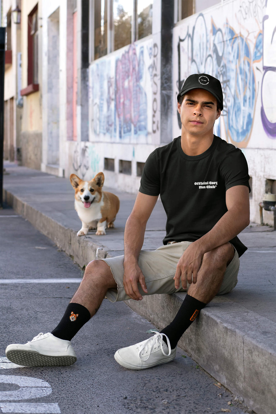 Black Corgi Fan Club cap from WOOF shown at an angle