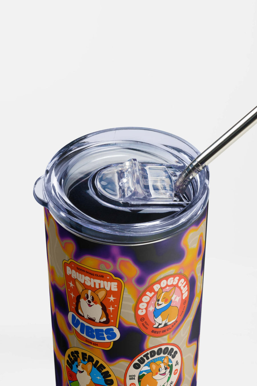 Top view of the Corgi Fan Club steel tumbler from WOOF with the lid closed