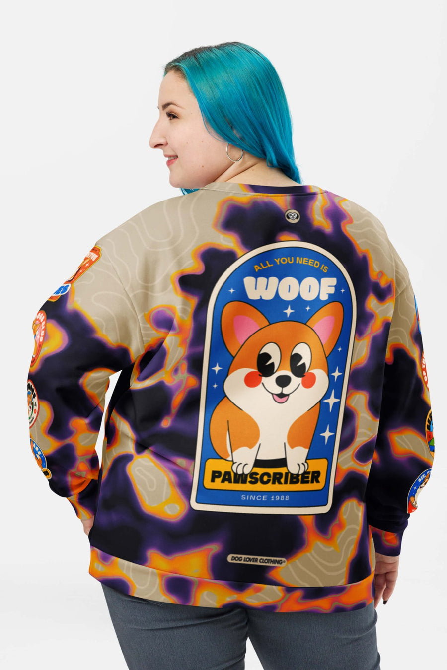 Back of the Official Corgi Fan Club Sweatshirt from WOOF with the corgi club graphic