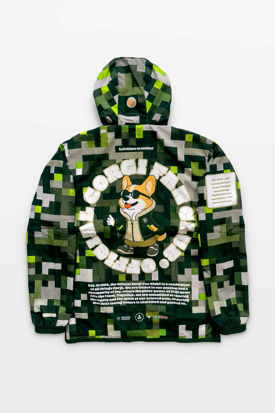 Back view of the Corgi Fan Club Dogwalker Rain Jacket from WOOF