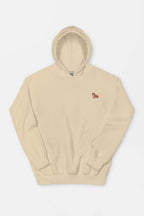 Beige Classic Corgi Sidekick Embroidered Unisex Hoodie by Dogloverclothing.com, featuring a front pocket and small red fox logo on the left chest. Hood up for maximum comfort, perfect for cozy days against a crisp white backdrop.