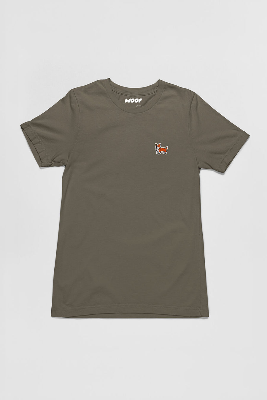 Army green Corgi Bobtail Buddy T-Shirt from WOOF, front view of the corgi icon