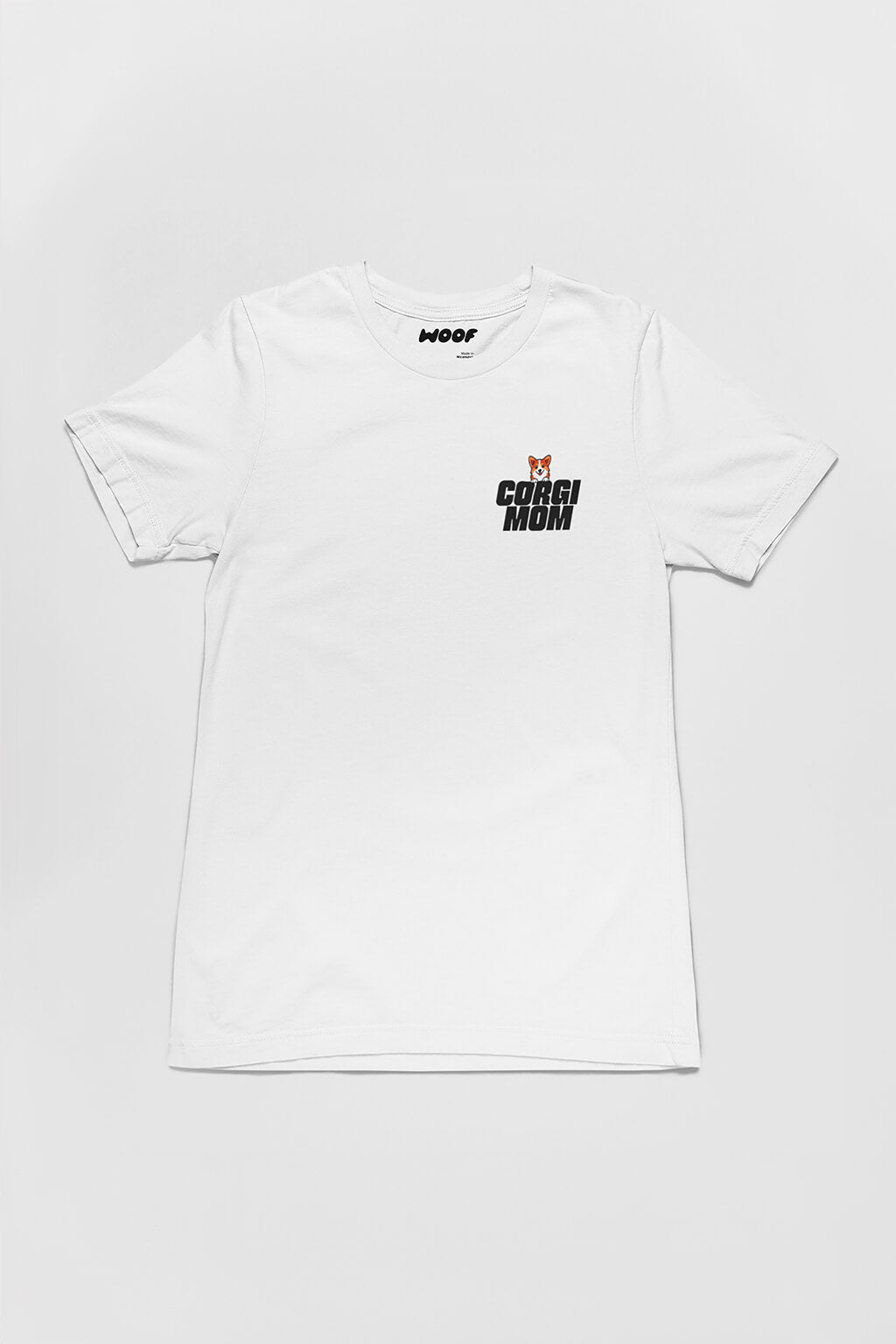 White Corgi Mom T-Shirt from WOOF, front view of the print