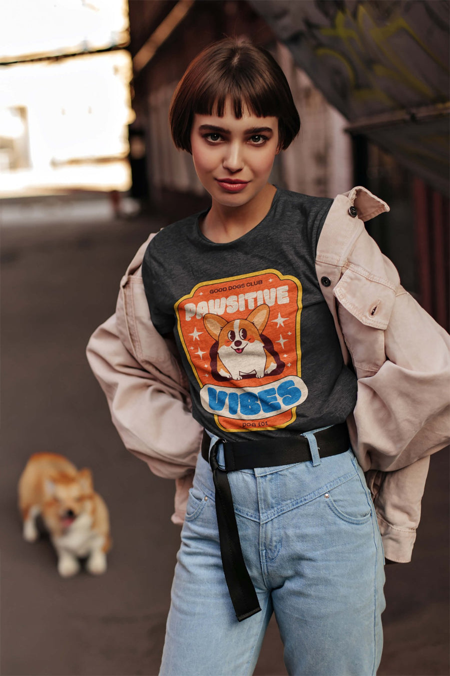 Pawsitive Vibes Corgi Premium T-Shirt from WOOF, alternate front view
