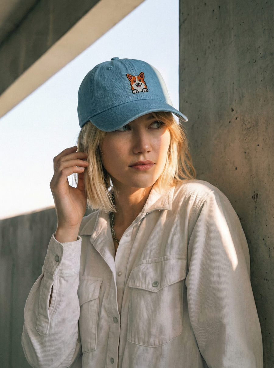 Blue denim Iconic Corgi Cap from WOOF on a plain background