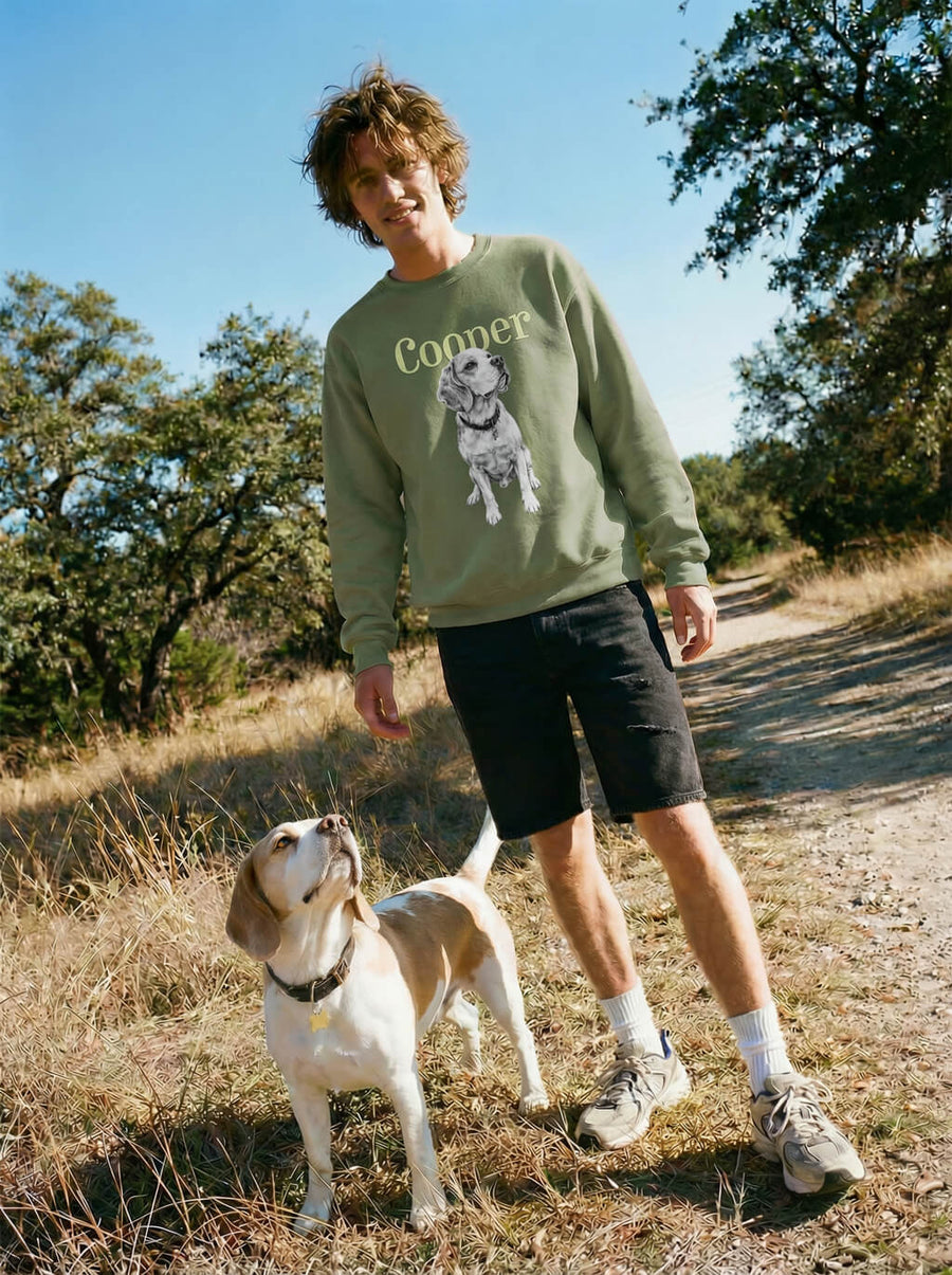 Military green custom dog sketch sweatshirt from WOOF, front view
