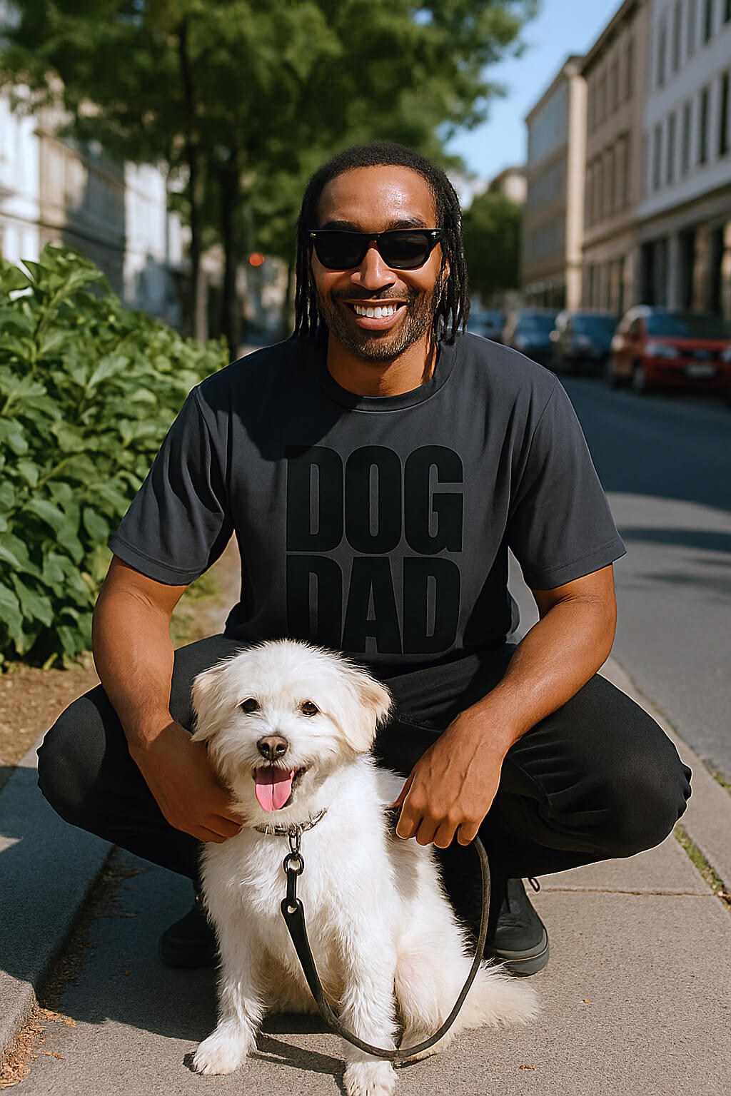A smiling man in sunglasses wears the Oversized Dog Dad T-Shirt from Dogloverclothing.com, kneeling on a sunny sidewalk as he holds the leash of a happy white dog. Leafy plants and buildings line the background street.