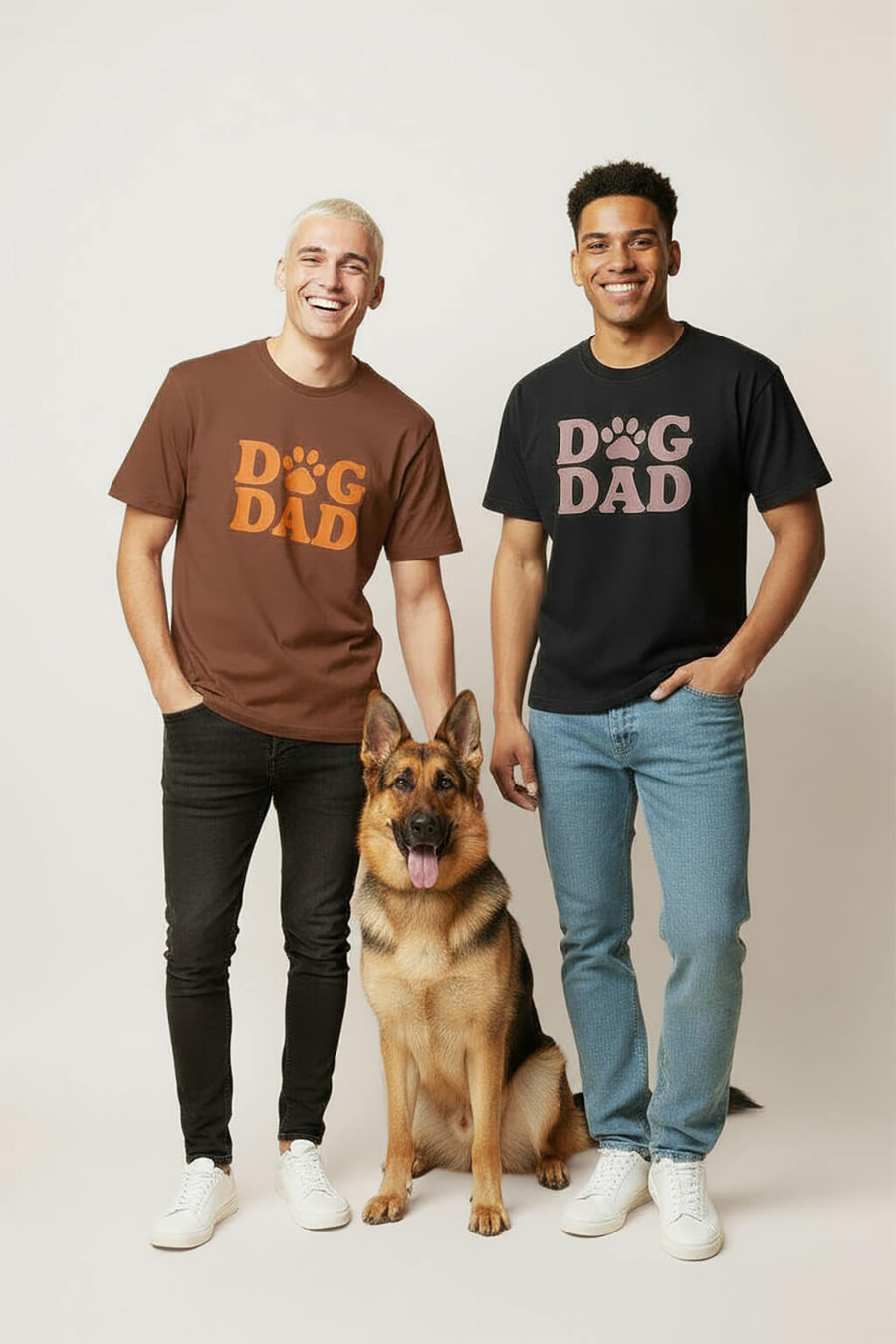 Soft Dog Dad T-Shirts from WOOF in brown and black photographed together