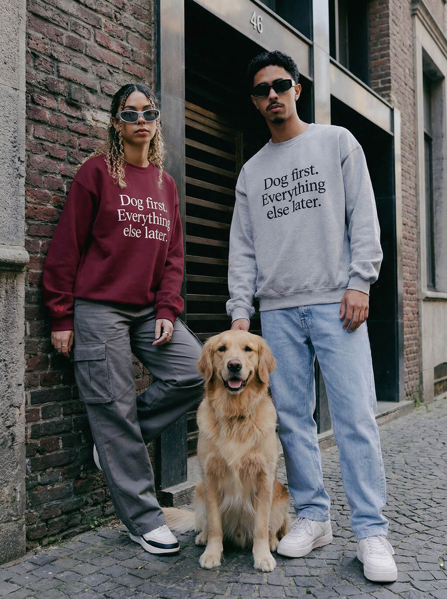 Dog First Statement Sweatshirts from WOOF in maroon and grey, front view