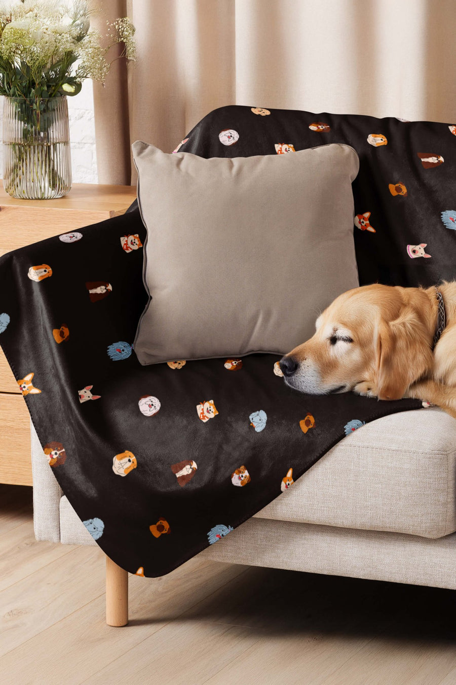 Doggy Dreams Sherpa Blanket from WOOF used in a cosy living room setting