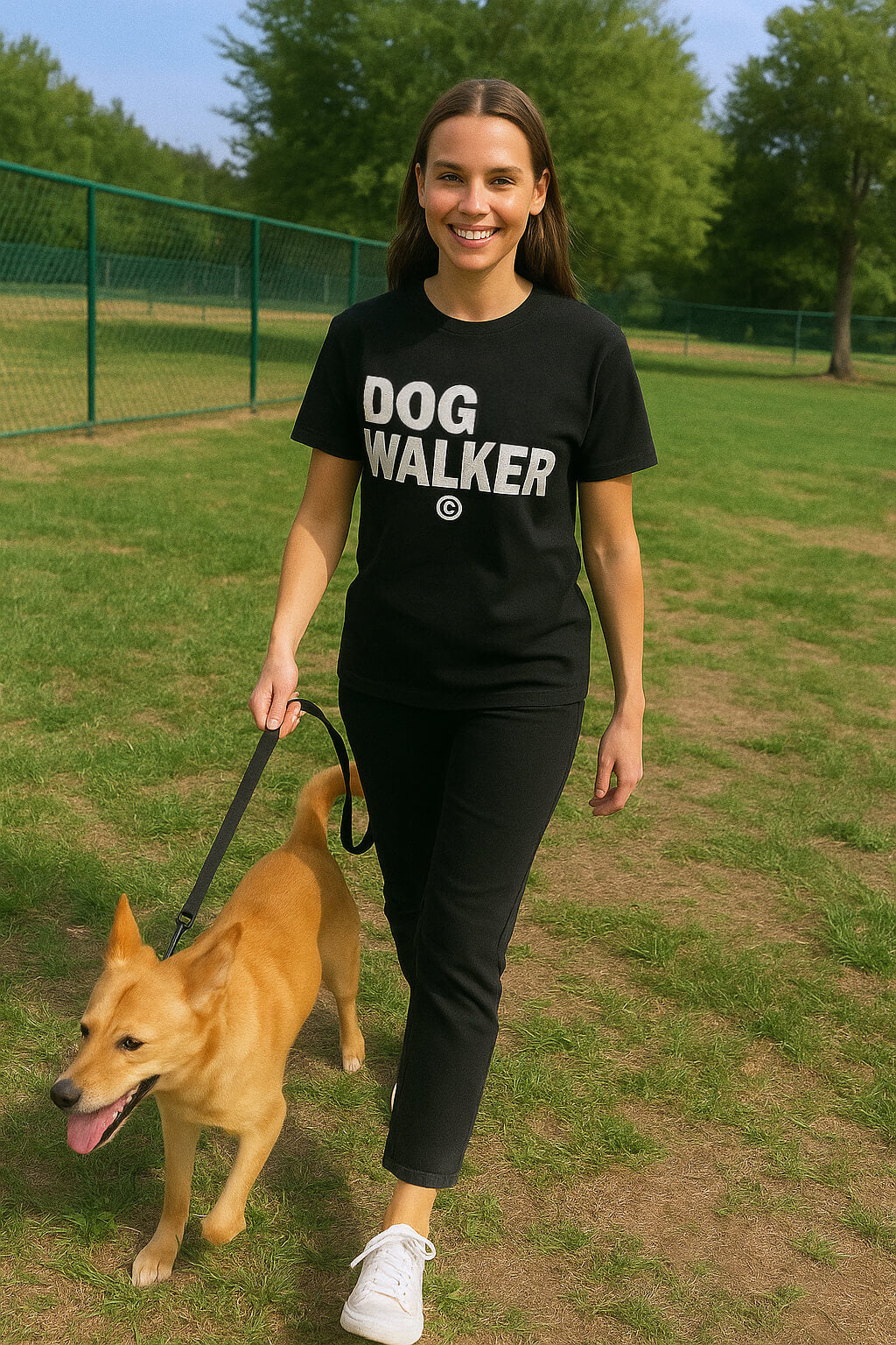 A smiling woman enjoys a walk with her tan dog in the park, wearing the Relaxed Dog Walker© Unisex T-Shirt from Dogloverclothing.com, featuring a comfortable fit amid grassy fields, trees, and a fence backdrop.