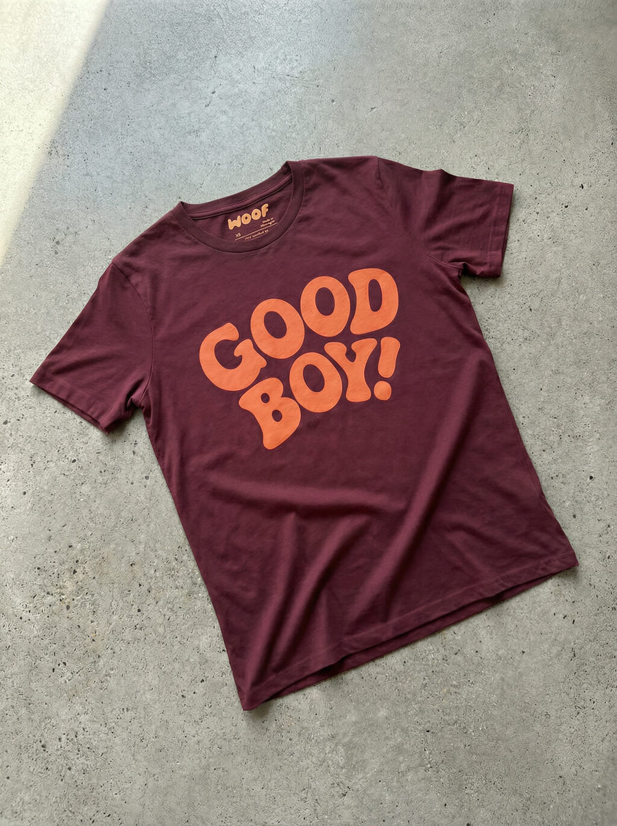 Maroon Good Boy Dog T-Shirt from WOOF, front view