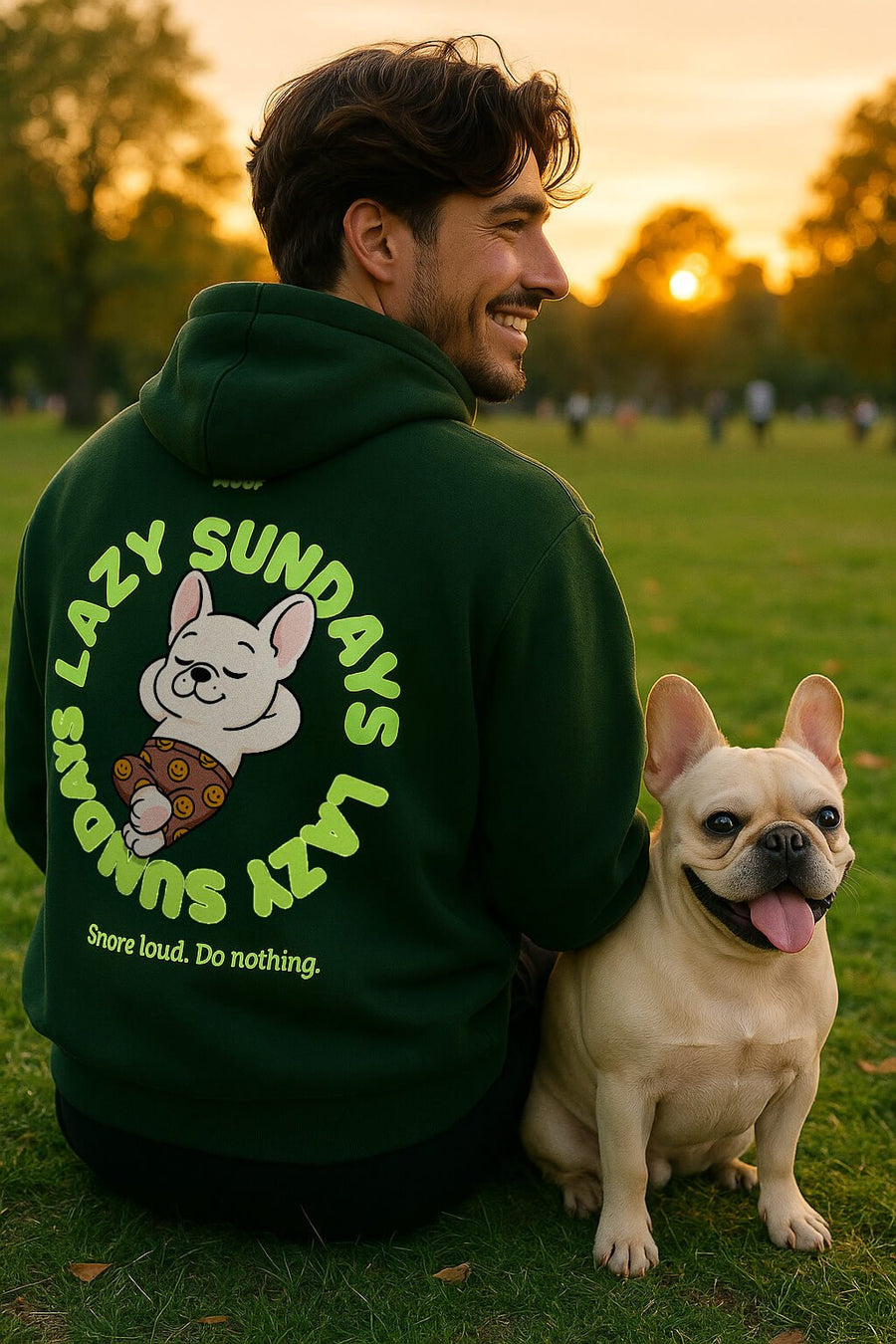 Model wearing the dark green Lazy Sundays Frenchie Hoodie from WOOF