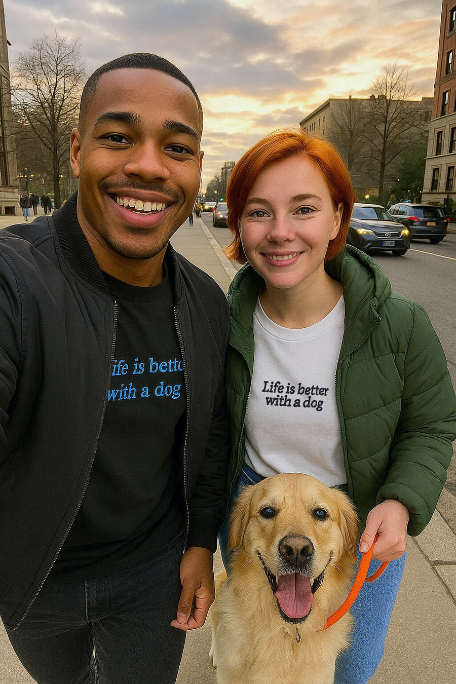 Model wearing the Life is Better with a Dog embroidered T-Shirt from WOOF