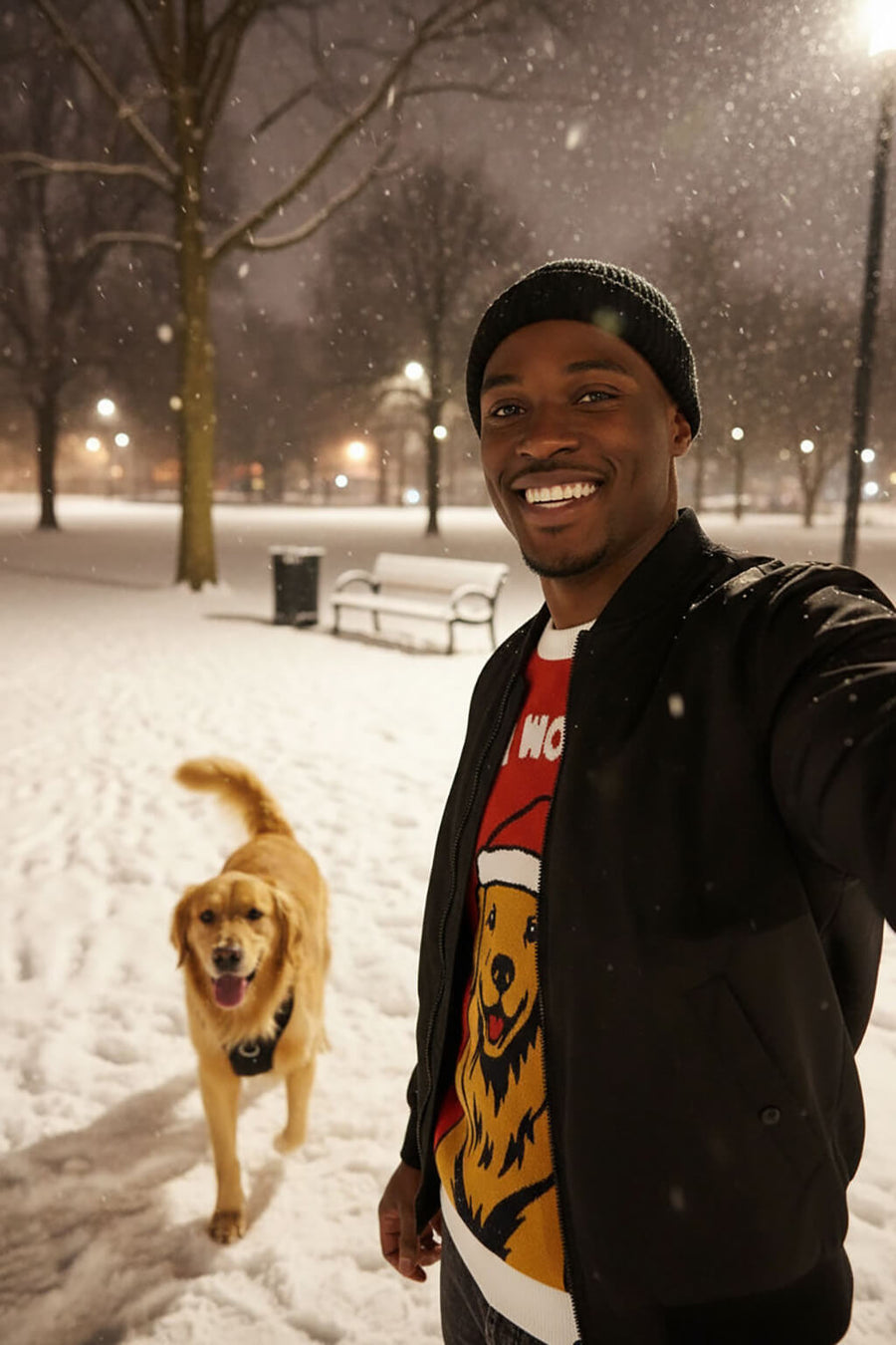 Model wearing the Golden Retriever Christmas sweater from WOOF