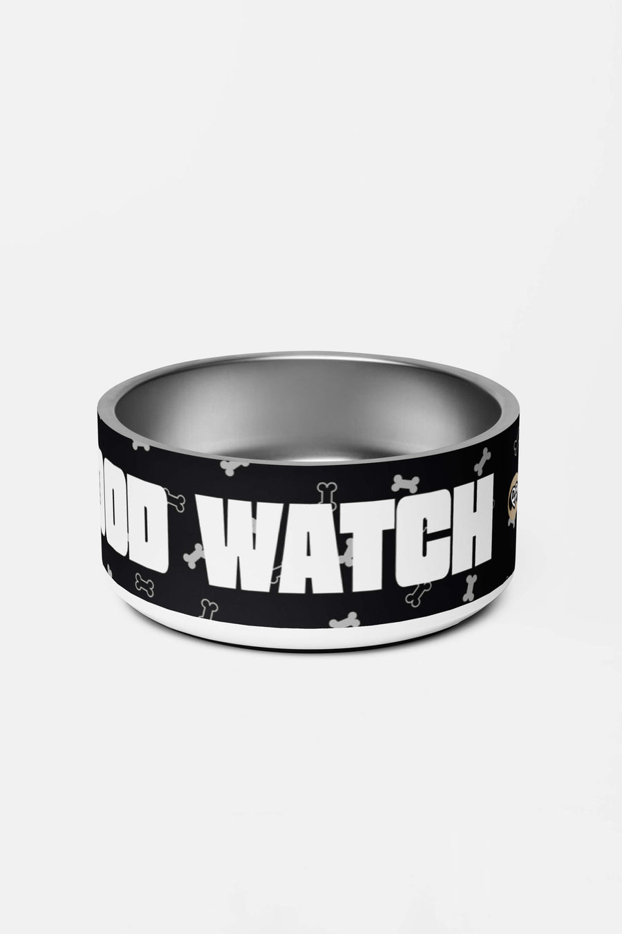 Neighbourhood Watch dog bowl from WOOF, angled view of the ceramic finish