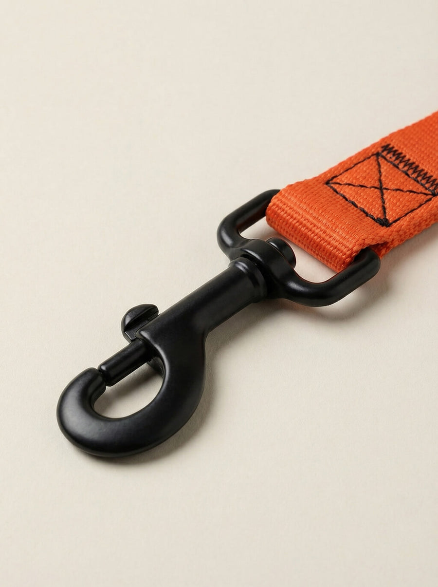 Clip detail on the neon orange dog leash from WOOF