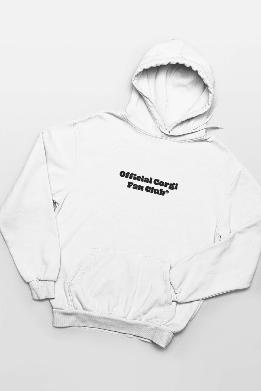 Front of the white Corgi Fan Club Hoodie from WOOF in heavyweight fleece