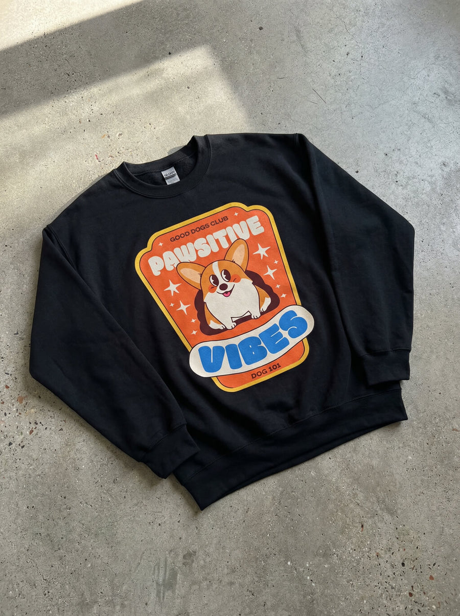 Black Pawsitive Vibes Corgi Sweatshirt from WOOF, front view