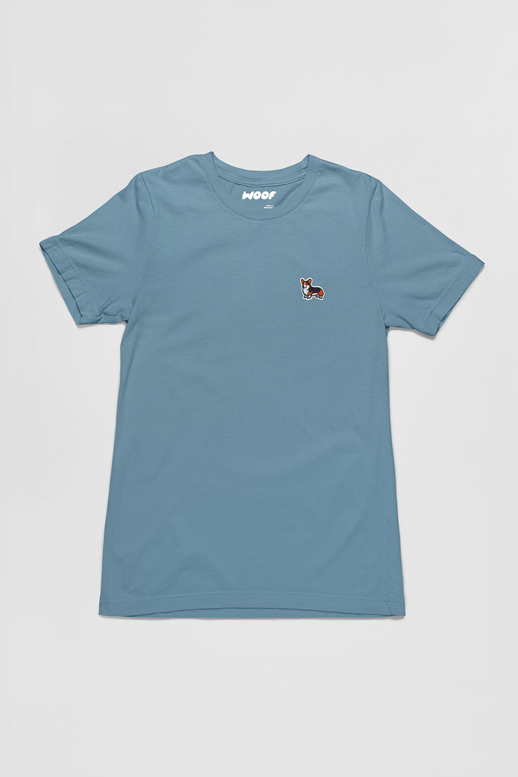 Steel blue Tricolor Corgi Tail Wagger T-Shirt from WOOF, front view